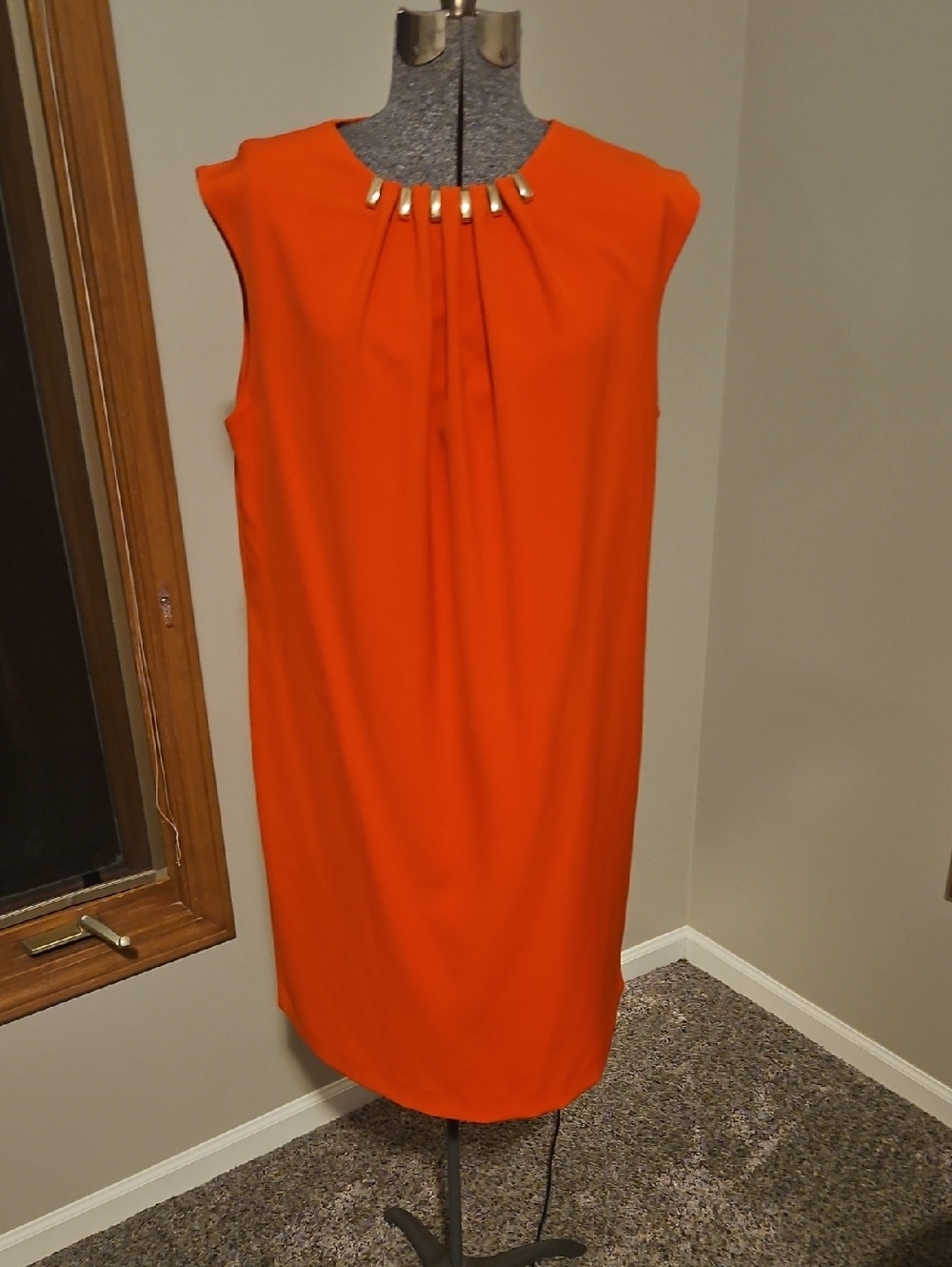 Alex Marie Tangerine Sheath Dress With Gold Detail Neckline